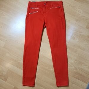 J Brand Zoey Red Skinny Jeans Stretch Denim Size 32 Runs Small Zipper Detail